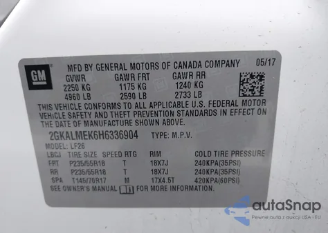 2017 GMC Terrain Sle-1 z USA, uszkodzony, nr VIN 2GKALMEK6H6336904